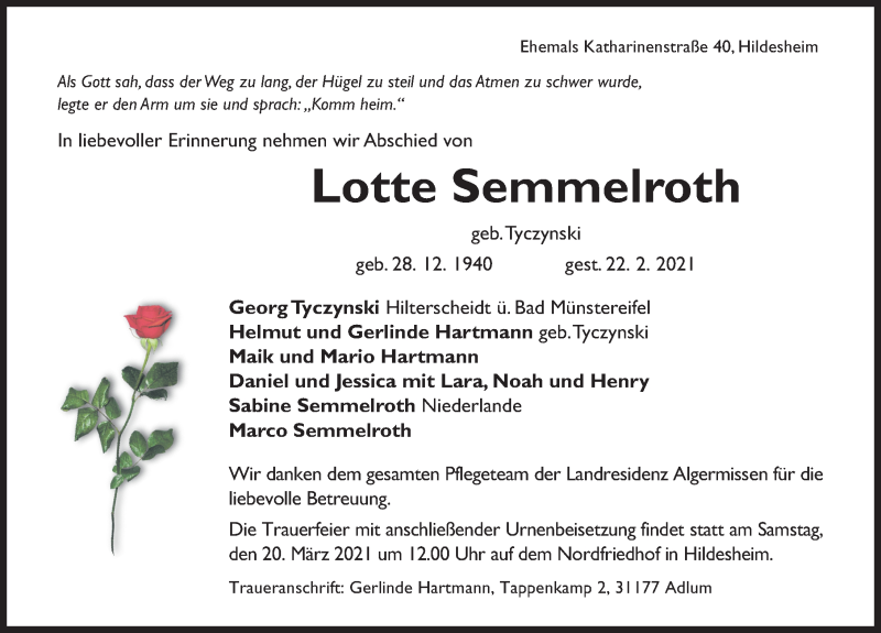  Traueranzeige für Lotte Semmelroth vom 17.03.2021 aus Hildesheimer Allgemeine Zeitung