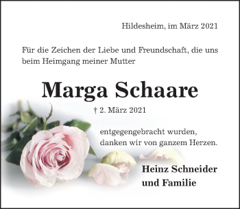 Traueranzeige von Marga Schaare von Hildesheimer Allgemeine Zeitung