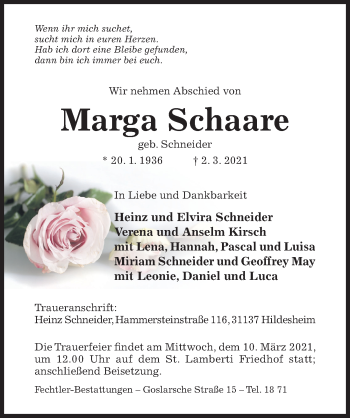 Traueranzeige von Marga Schaare von Hildesheimer Allgemeine Zeitung