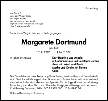 Traueranzeige von Margarete Dortmund von Hildesheimer Allgemeine Zeitung