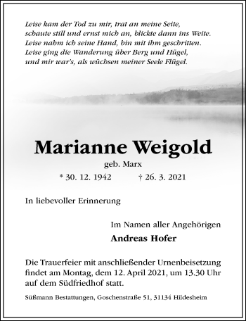 Traueranzeige von Marianne Weigold von Hildesheimer Allgemeine Zeitung