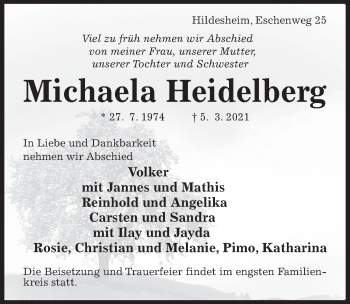Traueranzeige von Michaela Heidelberg von Hildesheimer Allgemeine Zeitung