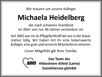 Traueranzeige von Michaela Heidelberg von Hildesheimer Allgemeine Zeitung