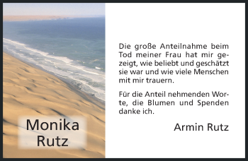 Traueranzeige von Monika Rutz von Hildesheimer Allgemeine Zeitung