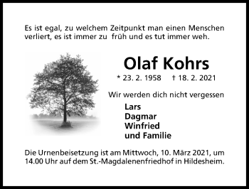 Traueranzeige von Olaf Kohrs von Hildesheimer Allgemeine Zeitung