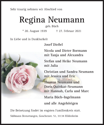 Traueranzeige von Regina Neumann von Hildesheimer Allgemeine Zeitung