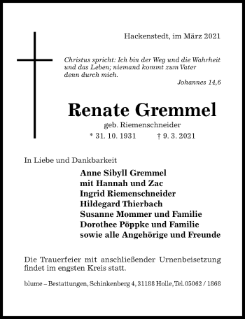 Traueranzeige von Renate Gremmel von Hildesheimer Allgemeine Zeitung