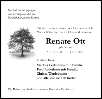 Traueranzeige von Renate Ott von Hildesheimer Allgemeine Zeitung