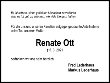 Traueranzeige von Renate Ott von Hildesheimer Allgemeine Zeitung