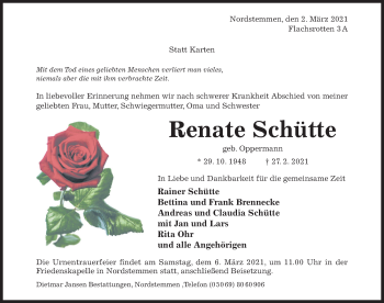 Traueranzeige von Renate Schütte von Hildesheimer Allgemeine Zeitung