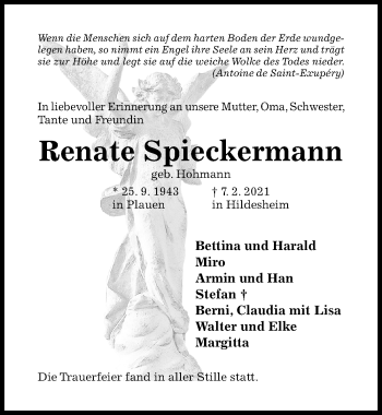 Traueranzeige von Renate Spieckermann von Hildesheimer Allgemeine Zeitung