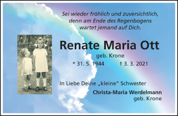 Traueranzeige von Renate Maria Ott von Hildesheimer Allgemeine Zeitung