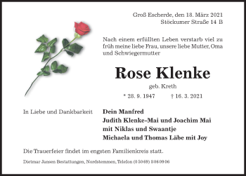 Traueranzeige von Rose Klenke von Hildesheimer Allgemeine Zeitung