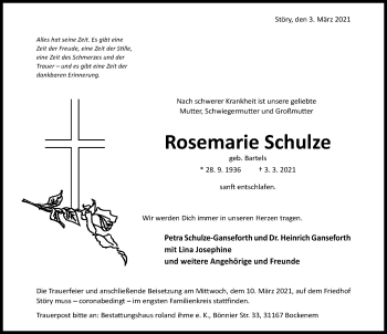 Traueranzeige von Rosemarie Schulze von Hildesheimer Allgemeine Zeitung