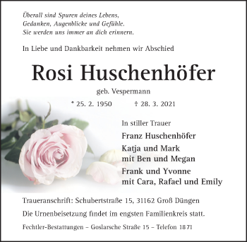 Traueranzeige von Rosi Huschenhöfer von Hildesheimer Allgemeine Zeitung