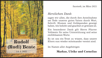 Traueranzeige von Rudolf Bente von Hildesheimer Allgemeine Zeitung