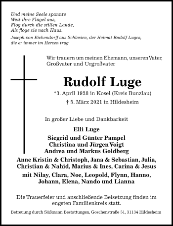 Traueranzeige von Rudolf Luge von Hildesheimer Allgemeine Zeitung