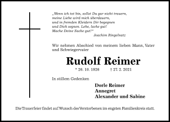 Traueranzeige von Rudolf Reimer von Hildesheimer Allgemeine Zeitung
