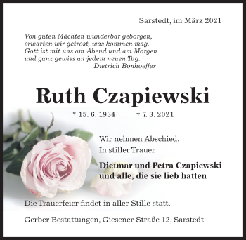 Traueranzeige von Ruth Czapiewski von Hildesheimer Allgemeine Zeitung