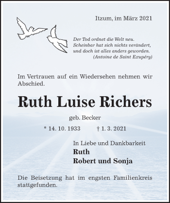 Traueranzeige von Ruth Luise Richers von Hildesheimer Allgemeine Zeitung