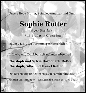 Traueranzeige von Sophie Rotter von Hildesheimer Allgemeine Zeitung