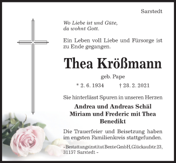Traueranzeige von Thea Krößmann von Hildesheimer Allgemeine Zeitung