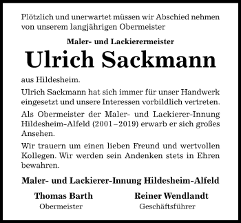 Traueranzeige von Ulrich Sackmann von Hildesheimer Allgemeine Zeitung