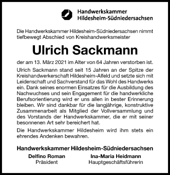 Traueranzeige von Ulrich Sackmann von Hildesheimer Allgemeine Zeitung