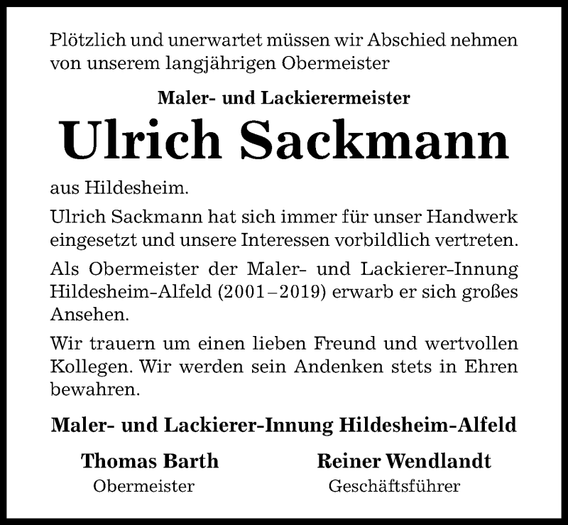  Traueranzeige für Ulrich Sackmann vom 17.03.2021 aus Hildesheimer Allgemeine Zeitung