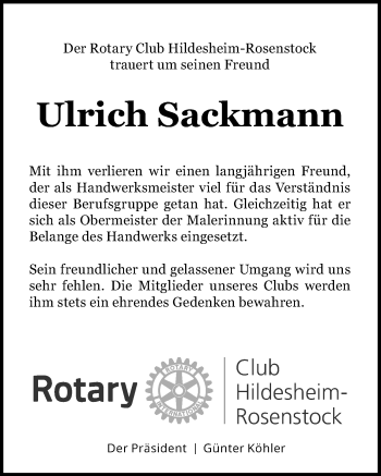Traueranzeige von Ulrich Sackmann von Hildesheimer Allgemeine Zeitung