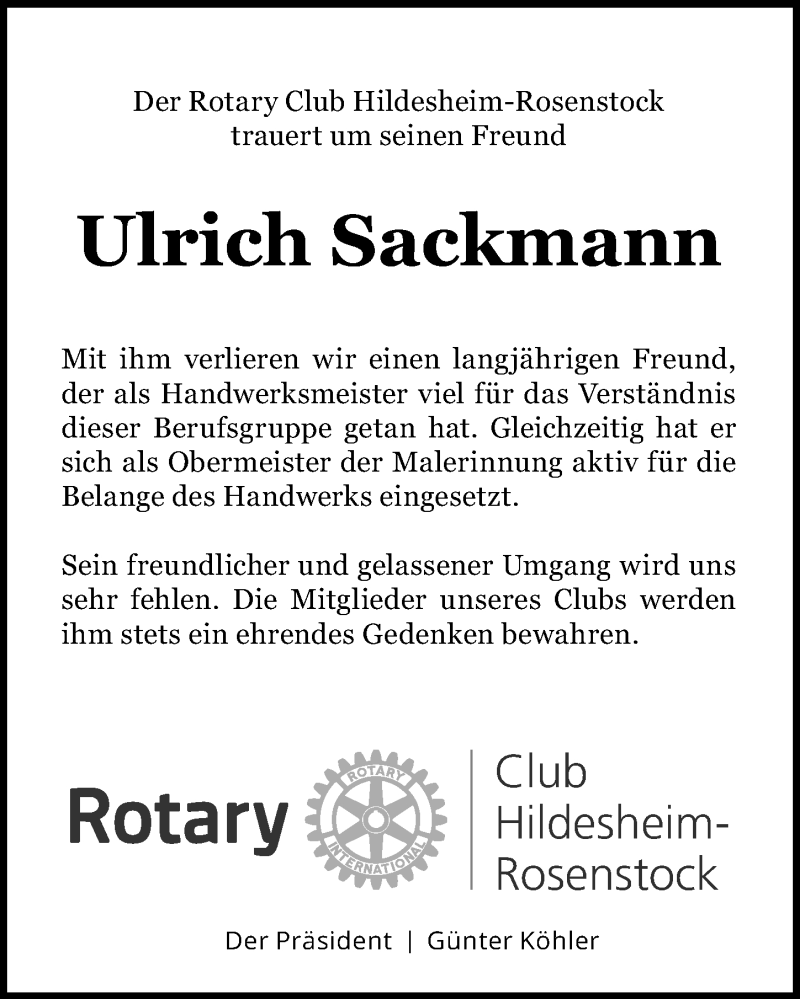  Traueranzeige für Ulrich Sackmann vom 19.03.2021 aus Hildesheimer Allgemeine Zeitung