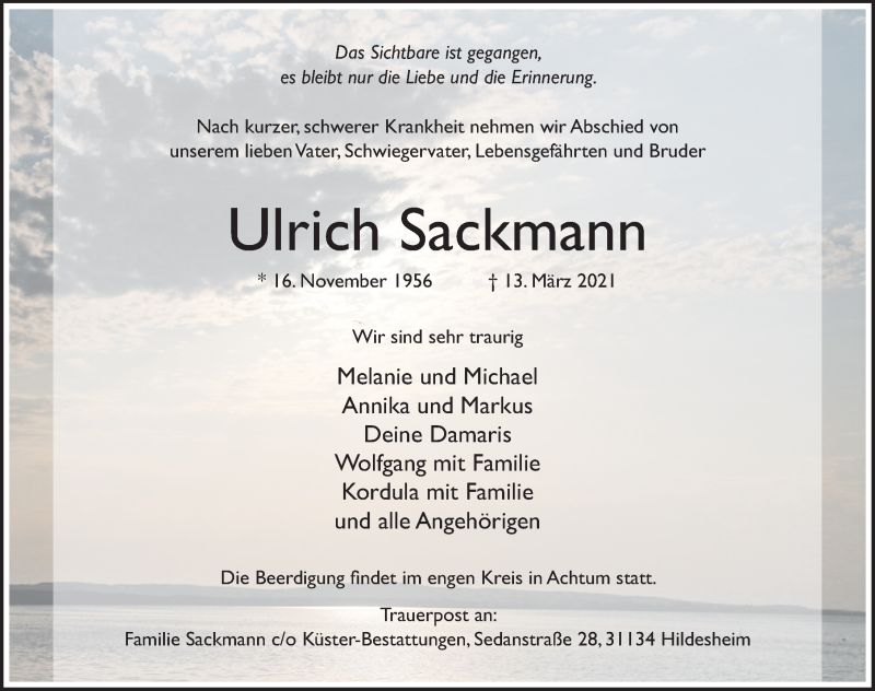  Traueranzeige für Ulrich Sackmann vom 17.03.2021 aus Hildesheimer Allgemeine Zeitung