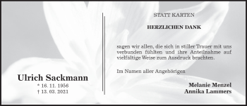 Traueranzeige von Ulrich Sackmann von Hildesheimer Allgemeine Zeitung