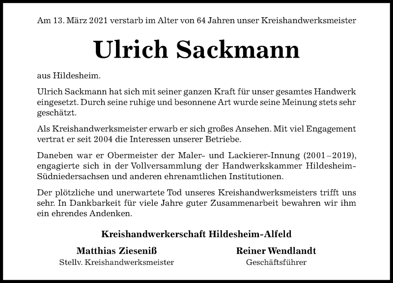  Traueranzeige für Ulrich Sackmann vom 17.03.2021 aus Hildesheimer Allgemeine Zeitung