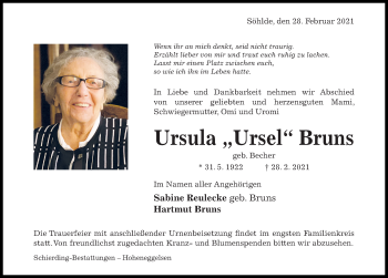 Traueranzeige von Ursula Bruns von Hildesheimer Allgemeine Zeitung