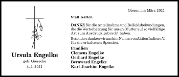 Traueranzeige von Ursula Engelke von Hildesheimer Allgemeine Zeitung