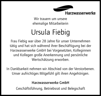 Traueranzeige von Ursula Fiebig von Hildesheimer Allgemeine Zeitung