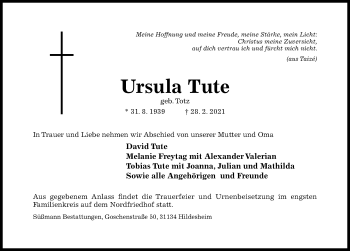 Traueranzeige von Ursula Tute von Hildesheimer Allgemeine Zeitung