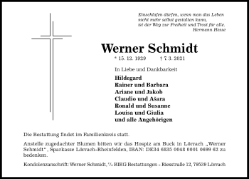 Traueranzeige von Werner Schmidt von Hildesheimer Allgemeine Zeitung