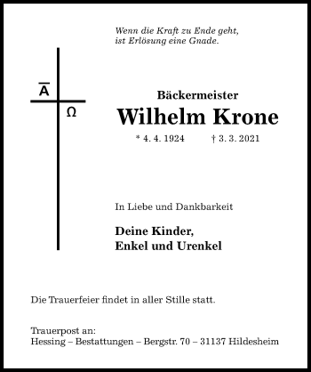 Traueranzeige von Wilhelm Krone von Hildesheimer Allgemeine Zeitung