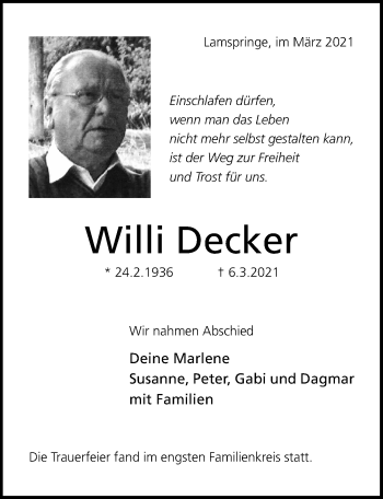 Traueranzeige von Willi Decker von Hildesheimer Allgemeine Zeitung