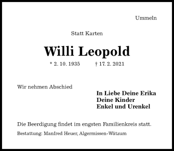 Traueranzeige von Willi Leopold von Hildesheimer Allgemeine Zeitung