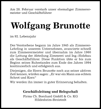 Traueranzeige von Wolfgang Brunotte von Hildesheimer Allgemeine Zeitung