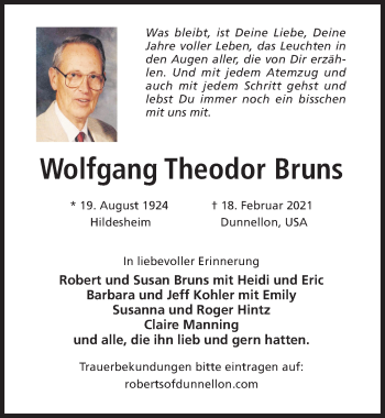 Traueranzeige von Wolfgang Theodor Bruns von Hildesheimer Allgemeine Zeitung