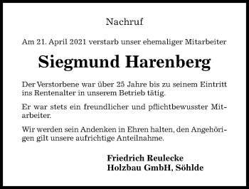 Traueranzeige von Siegmund Harenberg von HILDESHEIMER ALLGEMEINE ZEITUNG