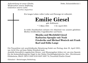 Traueranzeige von Emilie Giesel von HILDESHEIMER ALLGEMEINE ZEITUNG