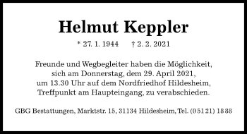 Traueranzeige von Helmut Keppler von HILDESHEIMER ALLGEMEINE ZEITUNG