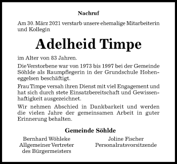 Traueranzeige von Adelheid Timpe von Hildesheimer Allgemeine Zeitung