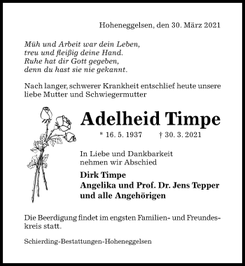 Traueranzeige von Adelheid Timpe von Hildesheimer Allgemeine Zeitung