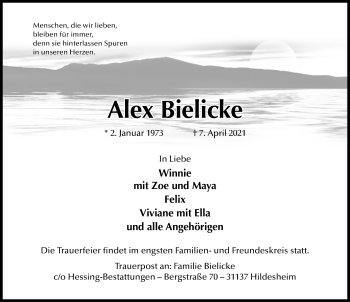 Traueranzeige von Alex Bielicke von Hildesheimer Allgemeine Zeitung